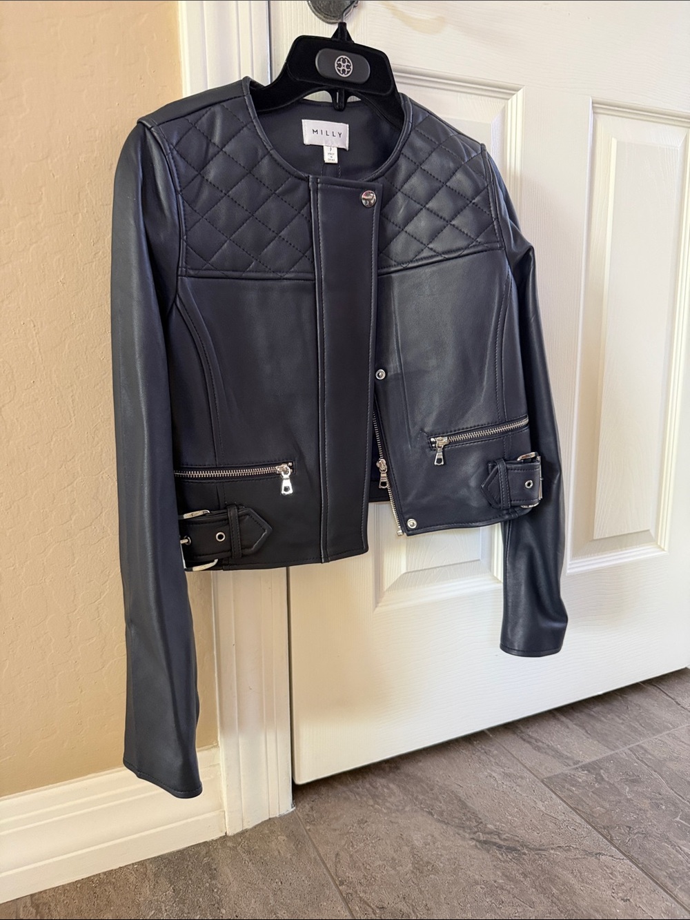 Milly Black Quilted-Yoke Faux Leather Moto Jacket with Silver Zippers